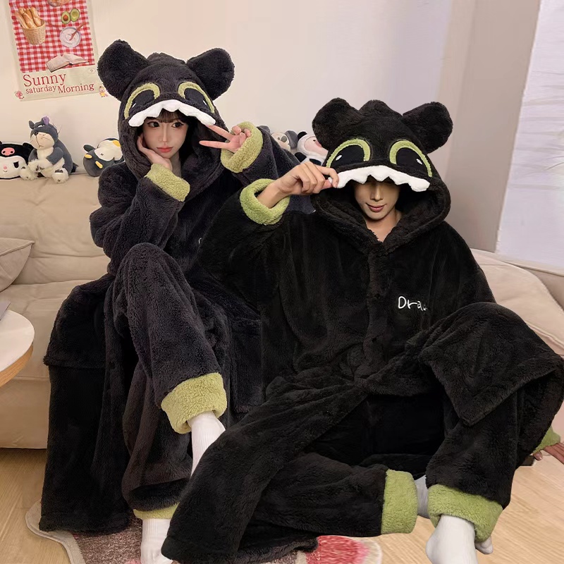 Coral Fleece Plus Velvet Cartoon Long Nightgown Men's Pajamas Couple Style Thickened Warm Hooded Women's Pajama Set Winter