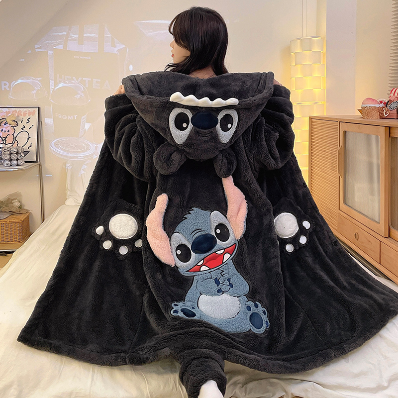 Cartoon Coral Velvet Thickened Hooded Long Nightgown for Women, Autumn and Winter Home Wear, Men's Pajamas, Can Be Worn Outside, Bathrobe Set