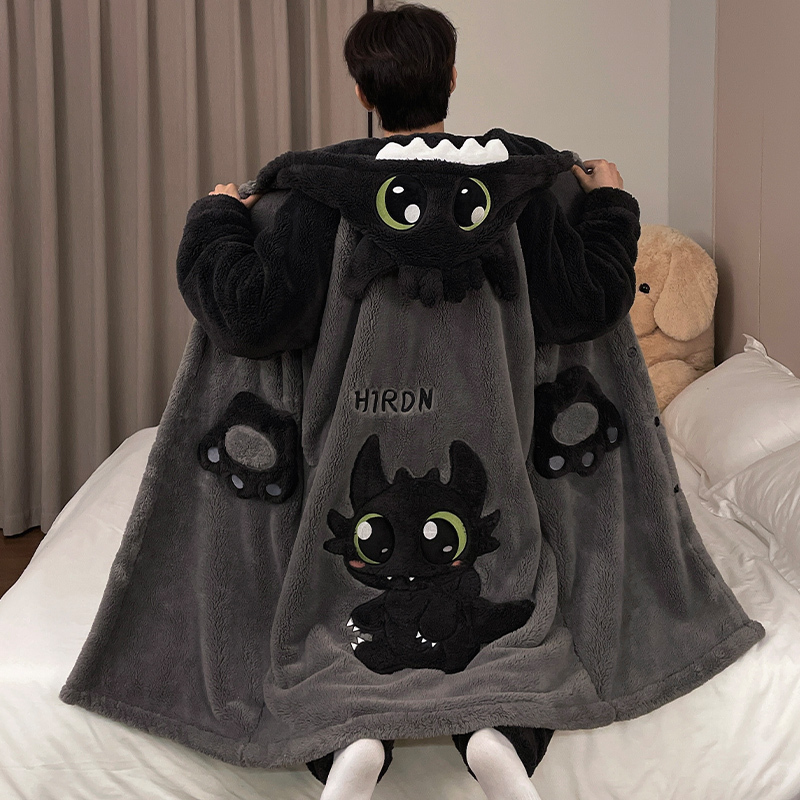 Coral Velvet Men's Nightgown Winter Thickened Hooded Cartoon Home Wear Mid-Length Loose Large Size Pajamas Home Wear
