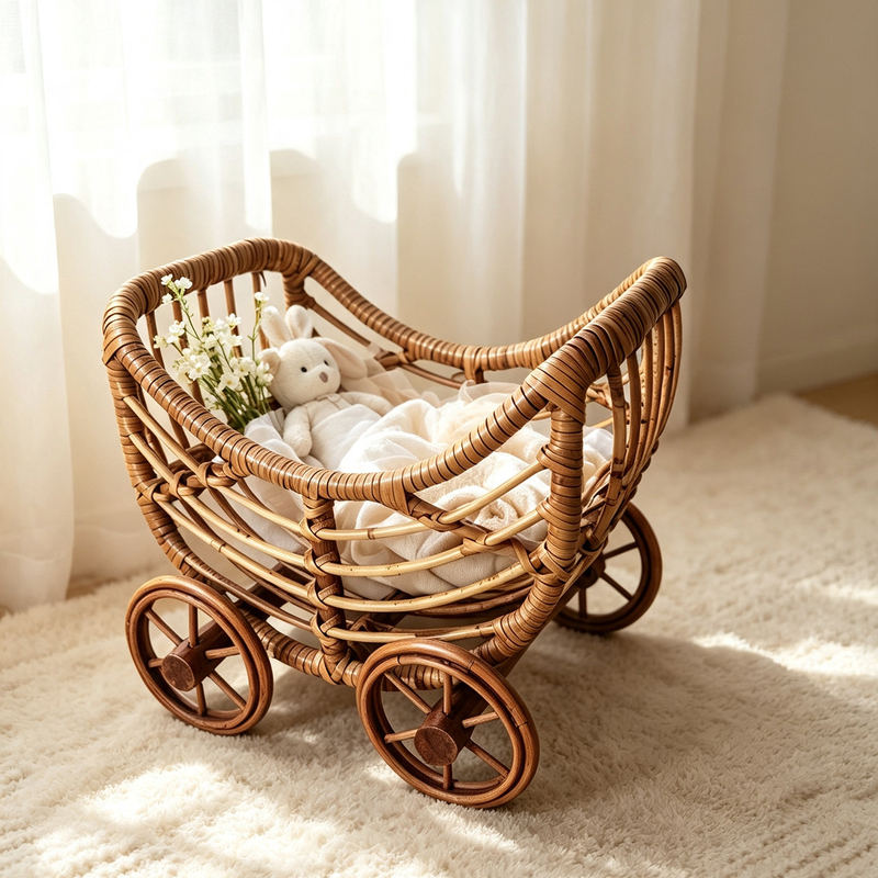Rattan Trolley Storage Basket, Retro Hand-Woven Four-Wheel Storage Basket, Children's Photography Props, Snack Storage Cart Rattan Trolley Storage Basket, Retro Hand-Woven Four-Wheel Storage Basket, Children's Photography Props, Snack Storage Cart