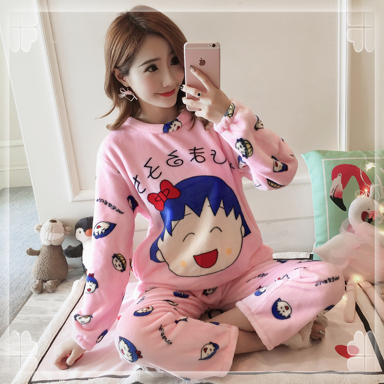 Dễ thương mùa đông ấm áp flannel dịch vụ nhà dày mùa thu và mùa đông san hô lông cừu hai mảnh phù hợp với đồ ngủ dài tay phụ nữ pyjama thu đông