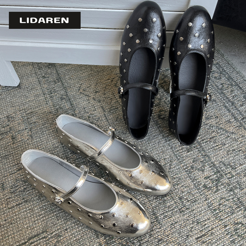 【Li Daren】Silver Black Mirror~ French Retro Studded Mary Jane Flat Ballet Shoes for Women