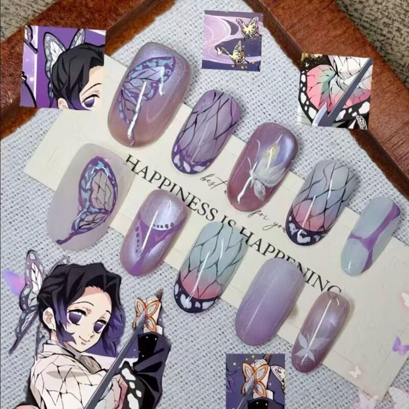 Butterfly Ninja Demon Slayer: Kimetsu No Yaiba Insect Breathing Student Wearable Nail Short Style Two-Dimensional Nail Art Anime Nail Stickers