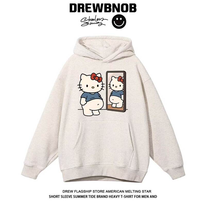 Drew Cartoon Cute Style Mirror Kt Cat Print Hooded Sweatshirt Unisex Couple Outfit Loose Hoodie Jacket