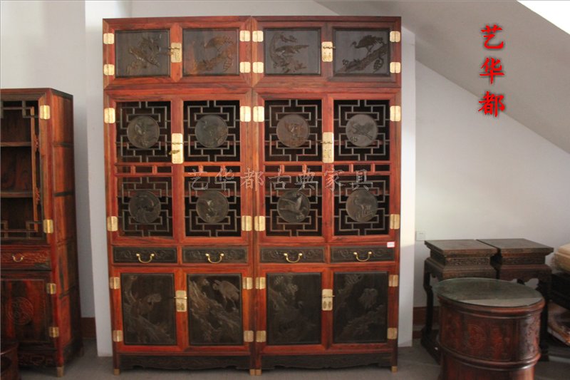 Red Wood Cross Toe Yellow Sandalwood Furniture Lao Red Branches Silk Feather Sandalwood Carved Red Frame Blackboard Plus High Bookcase II Composition 