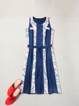 Elegant good-looking feminine overflowing dark blue patchwork print lace-up dress XXS S M D2301