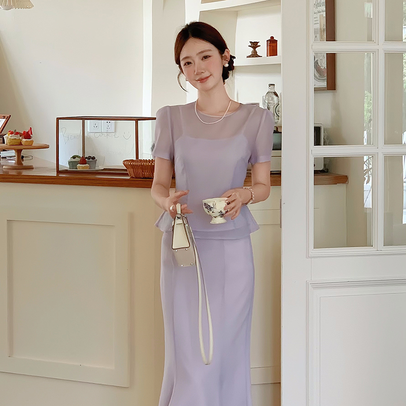 33 Is Here [Liu Li Xinyu] Korean-Style Waist-Cinching Shirt and Skirt Set for Women, Summer Lightweight Breathable Top Two-Piece Set
