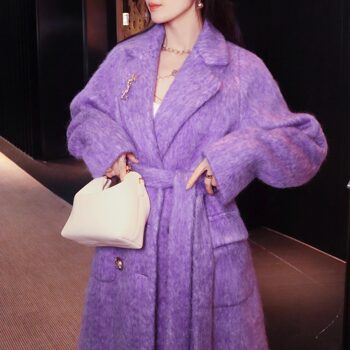 高级感双色羊毛轻奢名媛风薄雾紫系带温柔慵懒优雅长毛大衣外套女