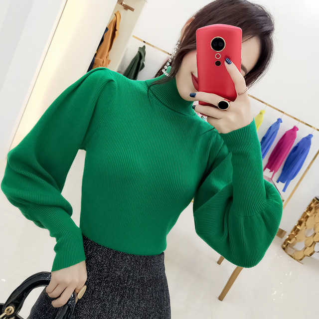 Queen of Hanyi 2024 Spring Fashion Lantern Sleeve Turtleneck Sweater Women's Pullover Knitwear Bottoming Top Women's Trendy