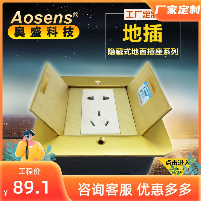 Osheng Ground Socket Double Door Concealed Copper Alloy Ground Socket Five Holes Power stainless steel without module