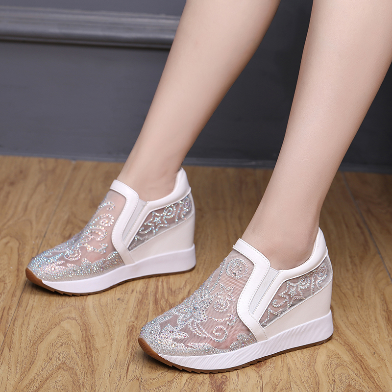 Height-Increasing Women's Shoes for Petite Figures, 2025 Spring/Summer, Rhinestone Mesh Breathable Casual Shoes, White Sandals, Genuine Leather Mesh Shoes