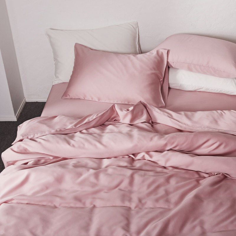 Lan Essence Silk Four Pieces of Teenage Girl Powder American Brief Ice Silk Quilt Cover Pure silk Naked Sleeping Summer Pure Color Bed Bedding