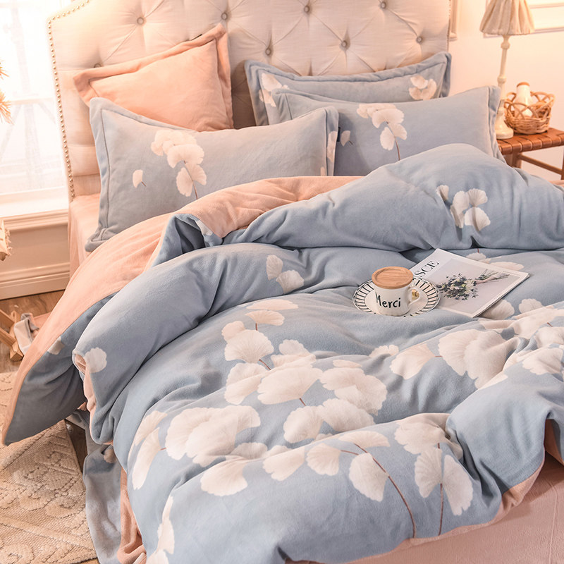 Thickened coral fleece four-piece double-sided fleece autumn and winter warm flannel milk fleece quilt cover cotton wool bedding