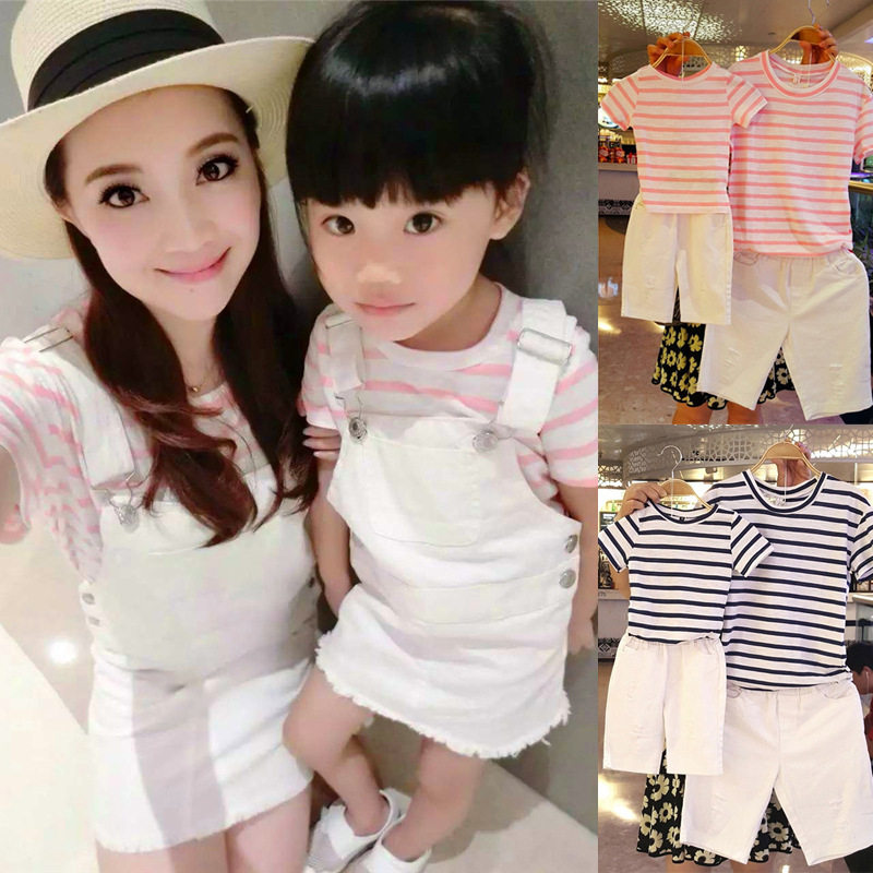 2018 summer new family suit for three - mouth casual striped T - shirt cowboy hugging bag skirt