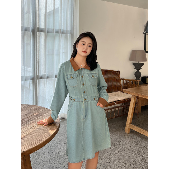 100% plus size 2024 new winter women's little fat mm slim short version fake two-piece spliced ​​​​denim dress