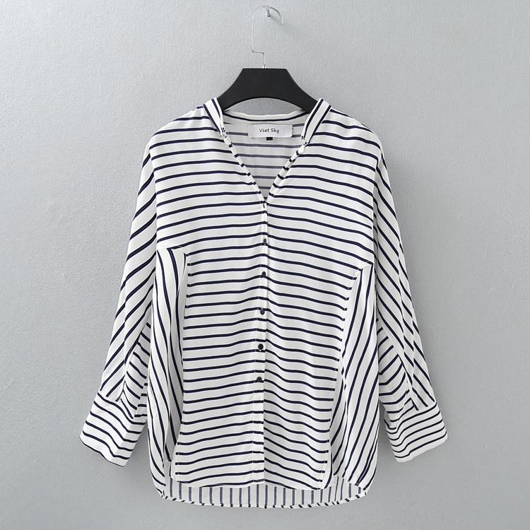 Gốc OL đi lại khí viscose sợi hoang dã sọc khóa V-cổ vai bảy tay áo blouse là áo sơ mi mỏng sơ mi voan