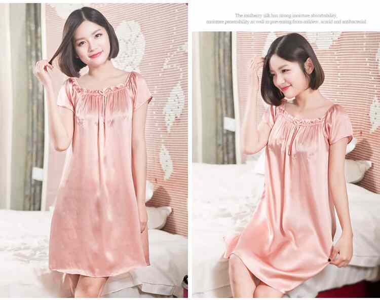 Hàng châu lụa mùa hè lụa đồ ngủ nữ 100% lụa nightdress màu rắn ngắn tay lỏng kích thước lớn dịch vụ nhà