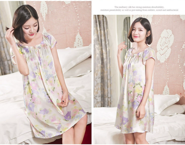 Hàng châu lụa lụa đích thực đồ ngủ nữ mùa hè 100% lụa nightdress mùa hè ngắn tay lỏng kích thước lớn dịch vụ nhà