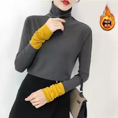 Plus velvet high collar base shirt Women autumn and winter Joker slim slim fashion warm top stitching interior long sleeve T-shirt