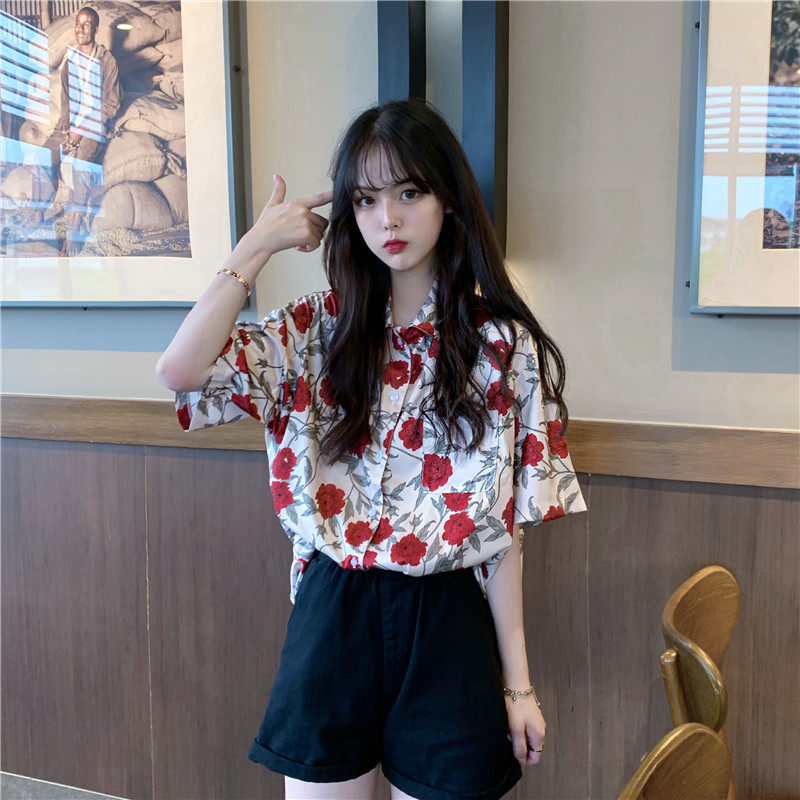 Port Wind Printed Short Sleeve Shirt Woman Design Senses Breaking Flowers Do N't Get Blouses Blouses Summer Loose Fashion Lazy Wind Shirt