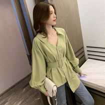 2021 Fall Womens Dress New Loose Irregular Shirt Cashews waist V-neck Shirt Port Wind Ensemble Bring Clothes