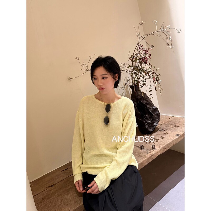Anchudss Macaron Blouse~! Imported Manila Linen Paper Round-Neck Long-Sleeve Knit T-Shirt