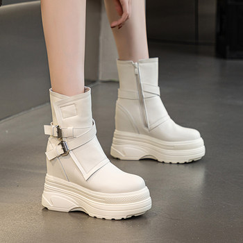 Genuine leather martin boots with 12cm inner height increase for women, versatile and super tall