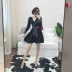 2018 mùa thu mới Hàn Quốc tính khí màu phù hợp với V-Cổ tie eo slim giảm béo nhỏ hương thơm ăn mặc chân váy đen váy đầm