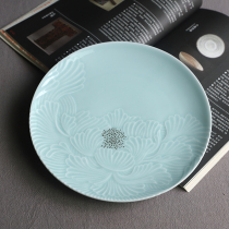 Shanshui a creative carved ceramic plate 9 inch shallow plate Western dinner plate steak plate home practical tableware shadow green glaze