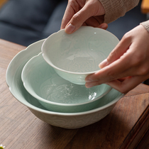 Jingdezhen household ceramic tableware Rice Bowl single soup bowl Song-style celadon carving noodle bowl Chinese high foot Bowl