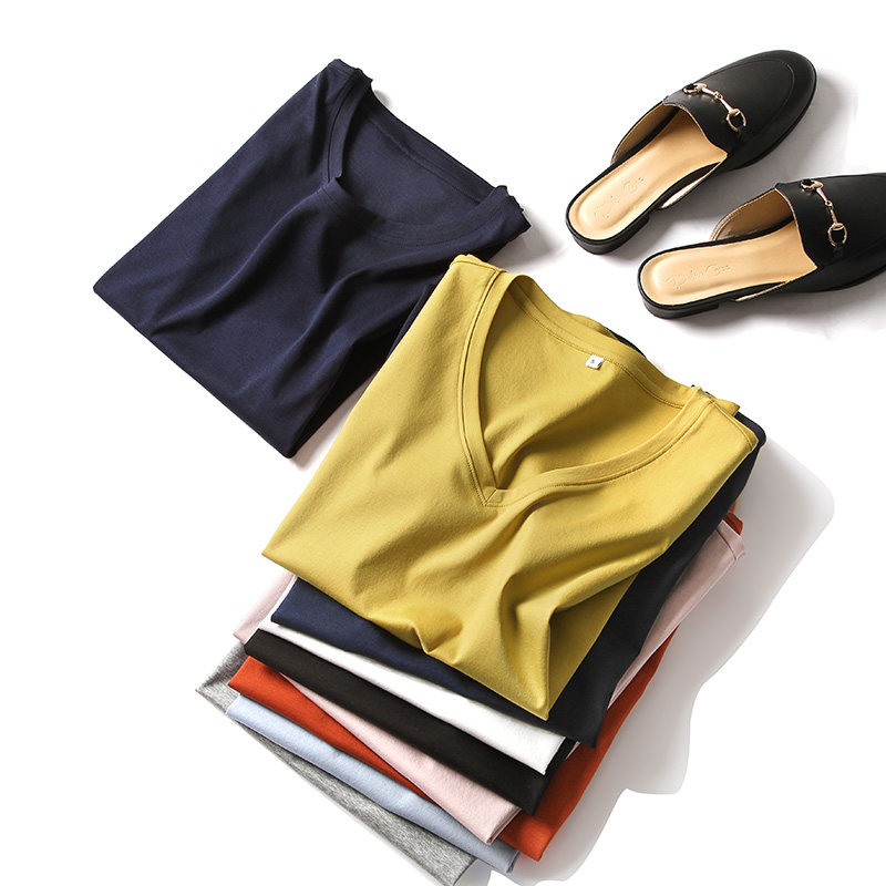 80 double mercerized cotton solid color short sleeve T-shirt women's 2019 summer new loose round V-neck coat white bottoming shirt