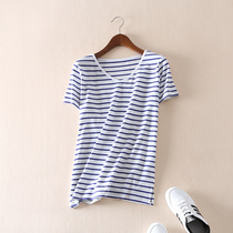 2019 summer new loose Korean V-neck striped T-shirt womens short-sleeved wild cotton navy wind base shirt large size