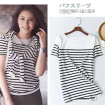 Striped short-sleeved t-shirt womens cotton loose large size Korean version of the 2019 summer new black and white wild navy trend