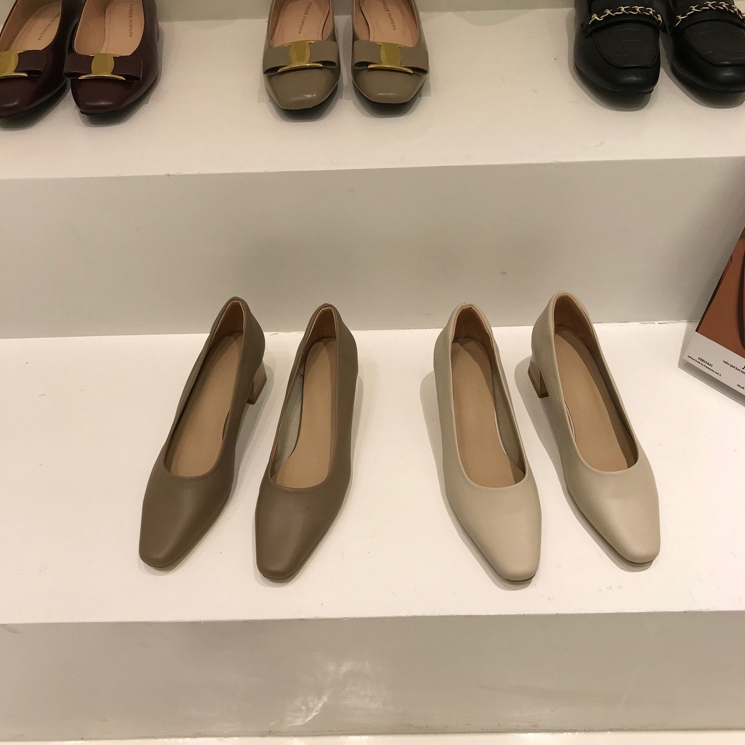 ITSK shoes women's single shoe square head light mouth coarse heel genuine leather heel-style retro grandma shoe ladyshoe