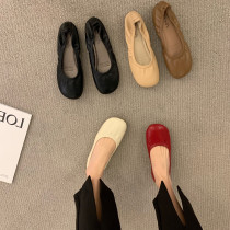 ITSK Single Shoes Womens Style Temperament Small Aroma Wind Butterfly Knot Round Head Ballet Flat Bottom Shoes Soft-bottom Bean-Bean Shoes Women Shoes