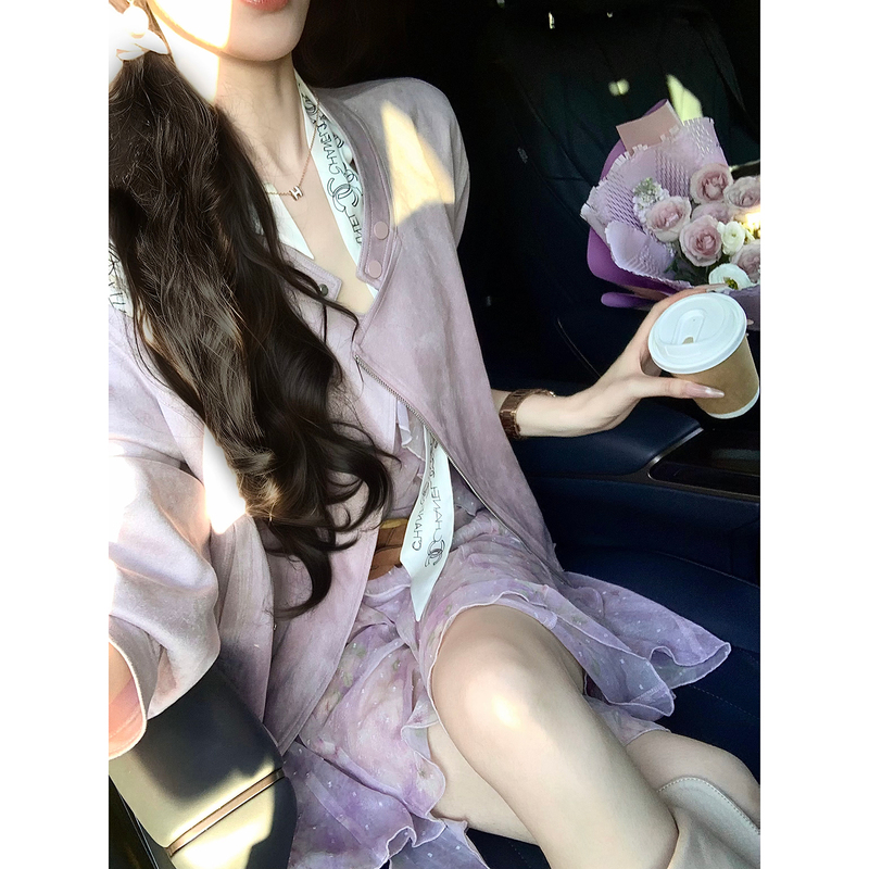 Sun Yaqiao【The Law of Charm】Stand-Collar Diagonal Zipper Suede Biker Jacket Sun Yaqiao【The Law of Charm】Stand-Collar Diagonal Zipper Suede Biker Jacket
