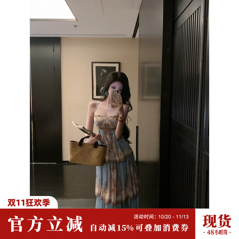 Sun Yaqiao [Gold Coast] Summer Niche European Style Vacation Print Flared Tiered Dress with Straps