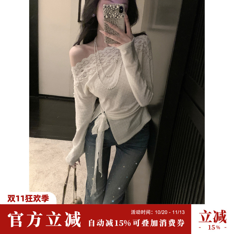 Sun Yaqiao【Romantic Full of Elegance】Autumn and Winter Fashion Lace Off-Shoulder Beaded White Long-Sleeve Top