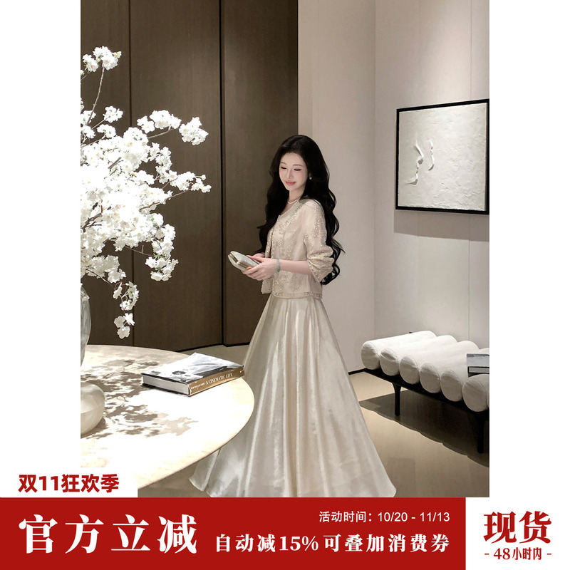 Sun Yaqiao【Simple and Elegant】New Autumn A-Line Skirt Soft Satin Wrinkled Midi Skirt with Wide Hem