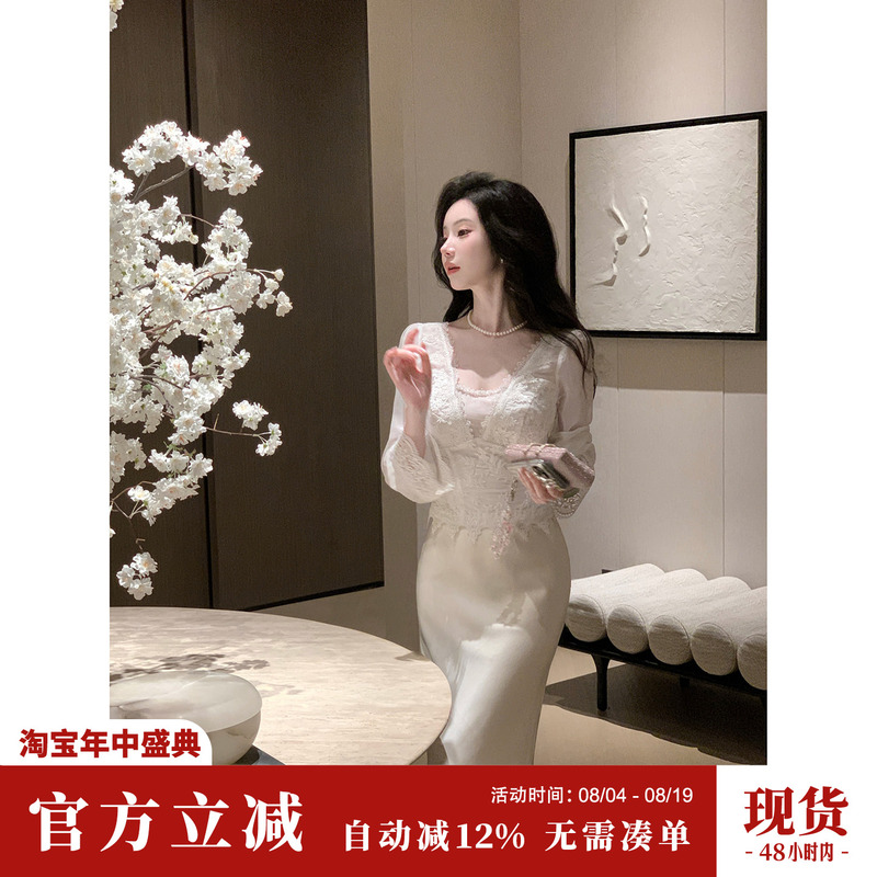 Sun Yaqiao【Water Wood Years】Summer Slim-Fit Shirt French Heavy Embroidery Lace Mesh Long-Sleeve Top