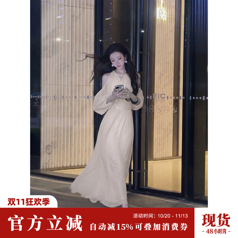 Sun Yaqiao【Morning Light and Evening Moon】Autumn New Long-Sleeved Sequin Embroidered Off-Shoulder White Moonlight Long Dress