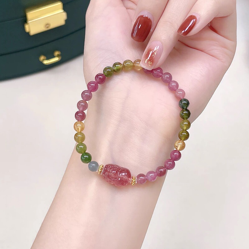Natural Strawberry Crystal Pixiu Rainbow Tourmaline Bracelet for Women Brazilian Candy Color Wealth-Attracting Pixiu Tourmaline Bracelet Gift Natural Strawberry Crystal Pixiu Rainbow Tourmaline Bracelet for Women Brazilian Candy Color Wealth-Attracting Pixiu Tourmaline Bracelet Gift