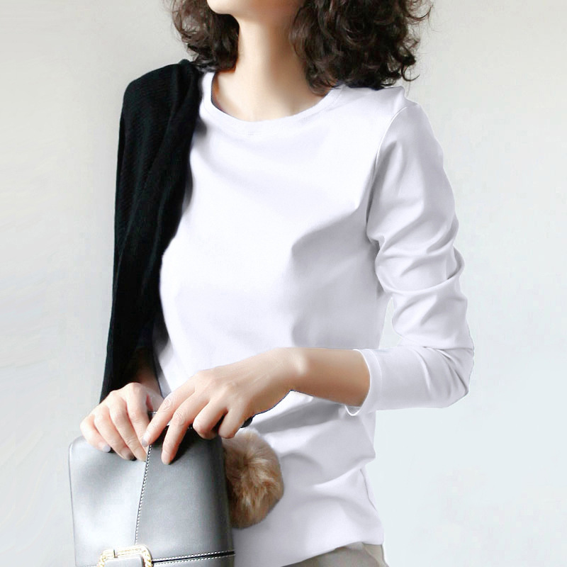 80-Count Mercerized Cotton White Round-Neck Long-Sleeve T-Shirt for Women, Spring and Autumn New Style, Slimming Pure Cotton Base Shirt