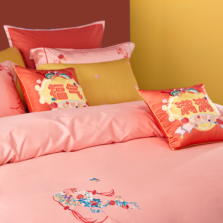 Mengjie Home Textiles is full of blessings 6-piece set 2020 new cotton long-staple cotton embroidered satin quilt cover 14094