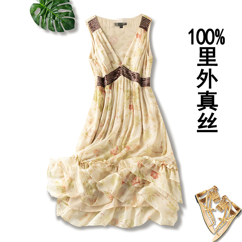 Real Silk Lotus Leaf Side Skirt V Collar Dress Double Mulberry Silk Nail Pearl Sleeveless Dress Printed in Long Skirt A-word Dress
