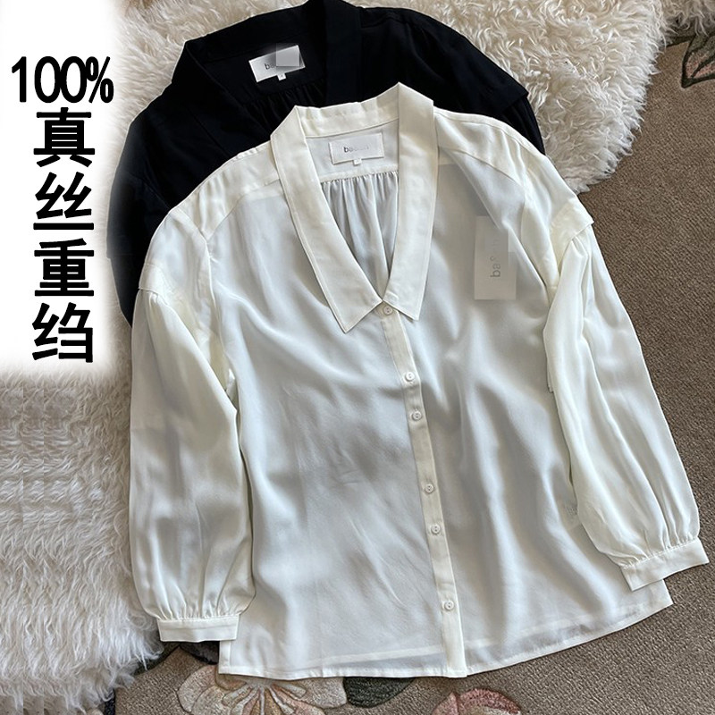 Heavy Crepe Blouse Girl Shirt Woman Professional Temperament Double Crepe High-end Summer Real Silk Long Sleeve Mulberry Silk Black Shirt White