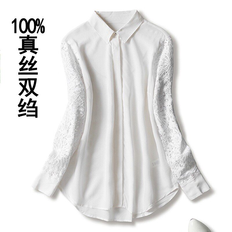 Collared Blouse Blouse Shirt Woman Professional Temperament Double Crepe High-end Summer Real Silk Long Sleeve Mulberry Silk Hollowed-out Shirt White