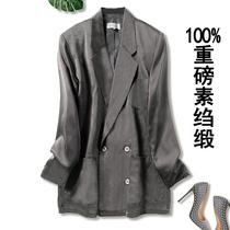 Plain crepe satin suit heavy silk blazer women Spring and Autumn leisure large size long professional chic silk