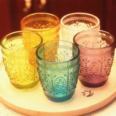 Retro embossed flower multicolored glass water cup teacup cold drink cup dessert cup juice cup zakka