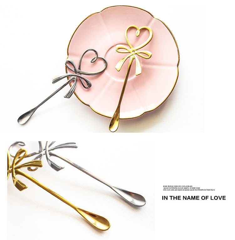 Bow Love Heart Thép không gỉ tráng miệng Muỗng Cà phê khuấy muỗng Trái cây Sữa chua Thìa nhỏ - Cà phê bình pha cafe lạnh cold brew